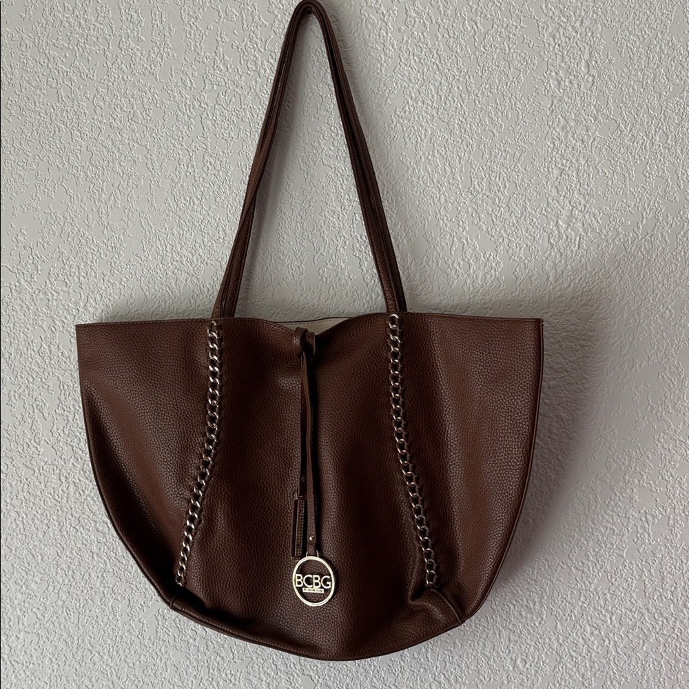 BCBG Reversible Chocolate & Cream Brown Tote with Chain Detail
